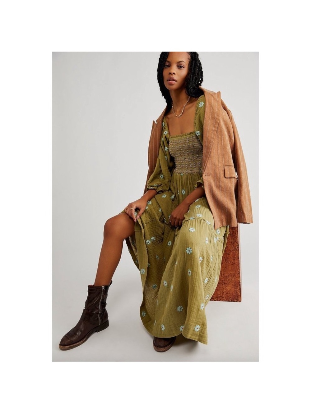 NWT free people Olive Green Floral Smocked Maxi